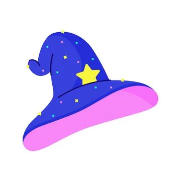 Cartoon magic witch hat stargazer wizard magician. Halloween stickers. Neon.. Stock Illustration