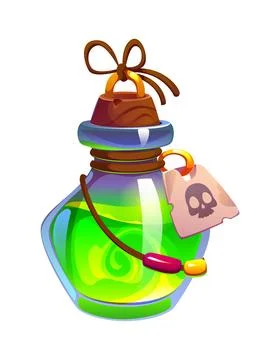 Cartoon magic witch potion bottle with skull tag Stock Illustration