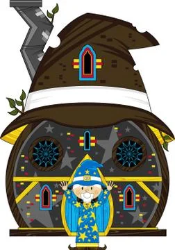 Cartoon Magical Wizard at House Stock-Illustration
