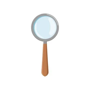 Cartoon magnifying glass with gray frame and brown wooden handle. Icon of loupe Stock Illustration