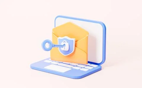 Cartoon mail with shield, unlock encrypted email , 3d rendering. Stock Illustration