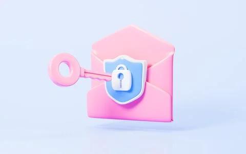 Cartoon mail with shield, unlock encrypted email , 3d rendering. Stock Illustration