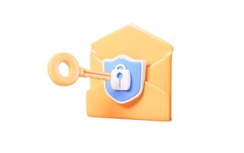 Cartoon mail with shield, unlock encrypted email , 3d rendering. Stock Illustration