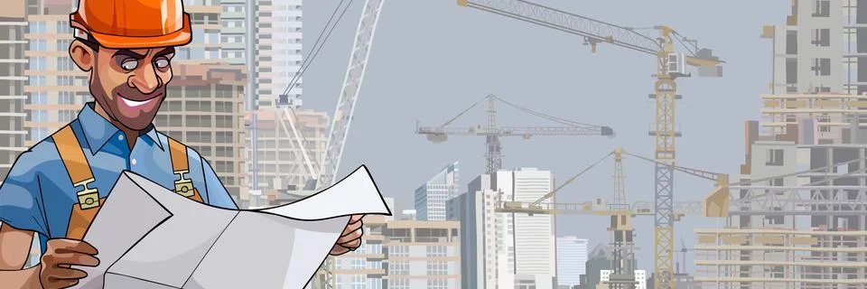 Cartoon male builder engineer looks in the blueprints Stock Illustration