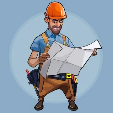 Cartoon male construction engineer examines blueprints on blue background Stock Illustration