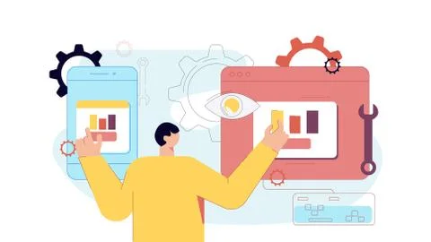 Cartoon male developer testing application of smartphone and computer pc vector イラスト素材