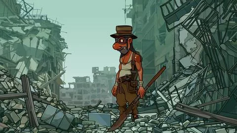 Cartoon male survivor of the apocalypse stands in ruins Stock Illustration