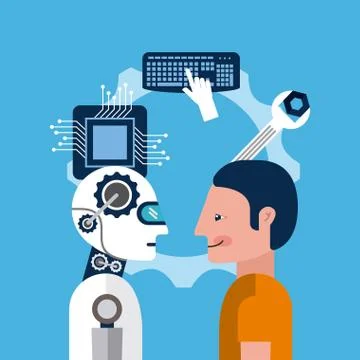 Cartoon man and artificial intelligence robot tools Ilustración de archivo