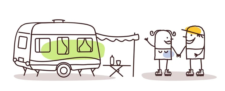 Cartoon man and woman with a caravan Stock Illustration