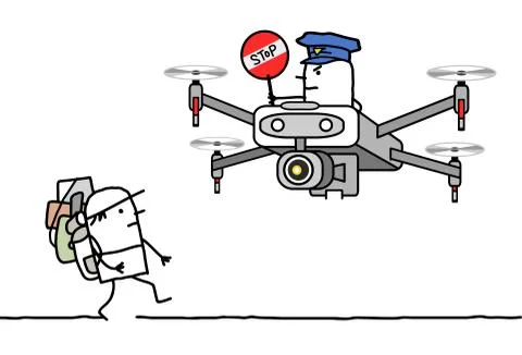 Cartoon man with backpack stopped by a cop riding a drone Stock Illustration