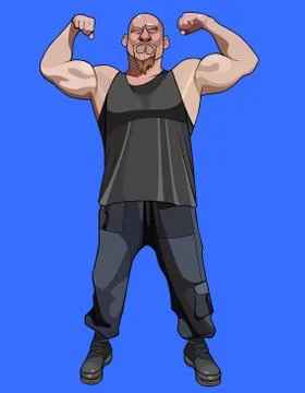 Cartoon man with a beard posing and strongly straining biceps Stock Illustration