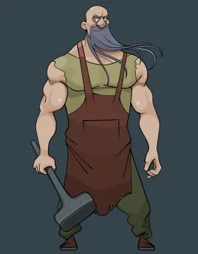 Cartoon man blacksmith with a long beard with a sledgehammer in his hand Stock Illustration