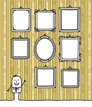 Cartoon man with  blank frames on retro wall Stock Illustration