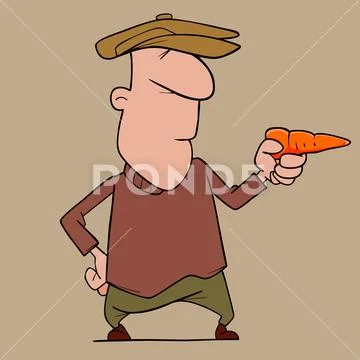 Cartoon Man In Cap Takes Aim With Carrot In Hand