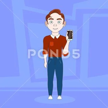 Cartoon Man In Casual Clothes Hold Cell Smart Phone Over Abstract Blue Stock Illustration