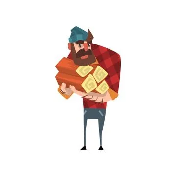 Cartoon man character holding stack of logs. Funny bearded woodcutter Stock Illustration