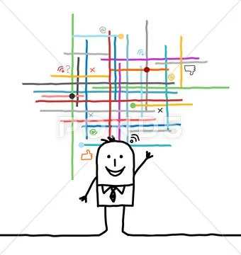 Cartoon man connected to social and media networks Stock Illustrationen