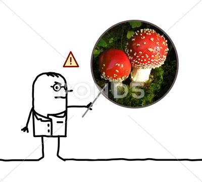 Cartoon man doctor warning dangers of mushroom Amanita Stock Illustration