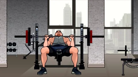 Cartoon man doing barbell bench press exercise in gym Stock-Footage 150501162