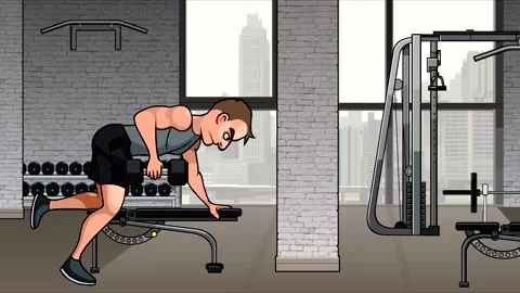 Cartoon man doing bent over dumbbell deadlift exercise in gym Video stock 150501159