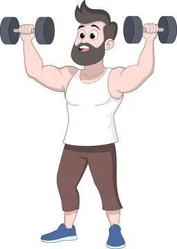 Cartoon Man Doing Dumbbell Shoulder Press Exercise Stock Illustration