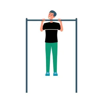 Cartoon man doing pull up on horizontal bar - sport lover doing fitness exercise Stock Illustration