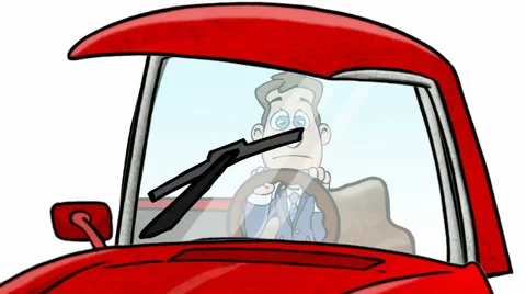 Cartoon Man Driving in Rain (White Background): Looping Video stock 50543746