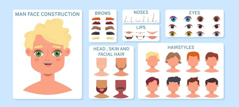 Cartoon man face constructor. Noses and hairstyles elements, various lips. Male Stock Illustration