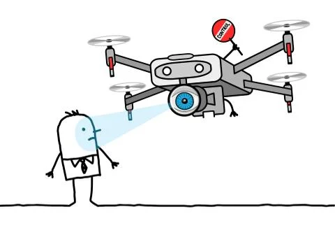 Cartoon man facing a control Drone with a big eye Stock Illustration