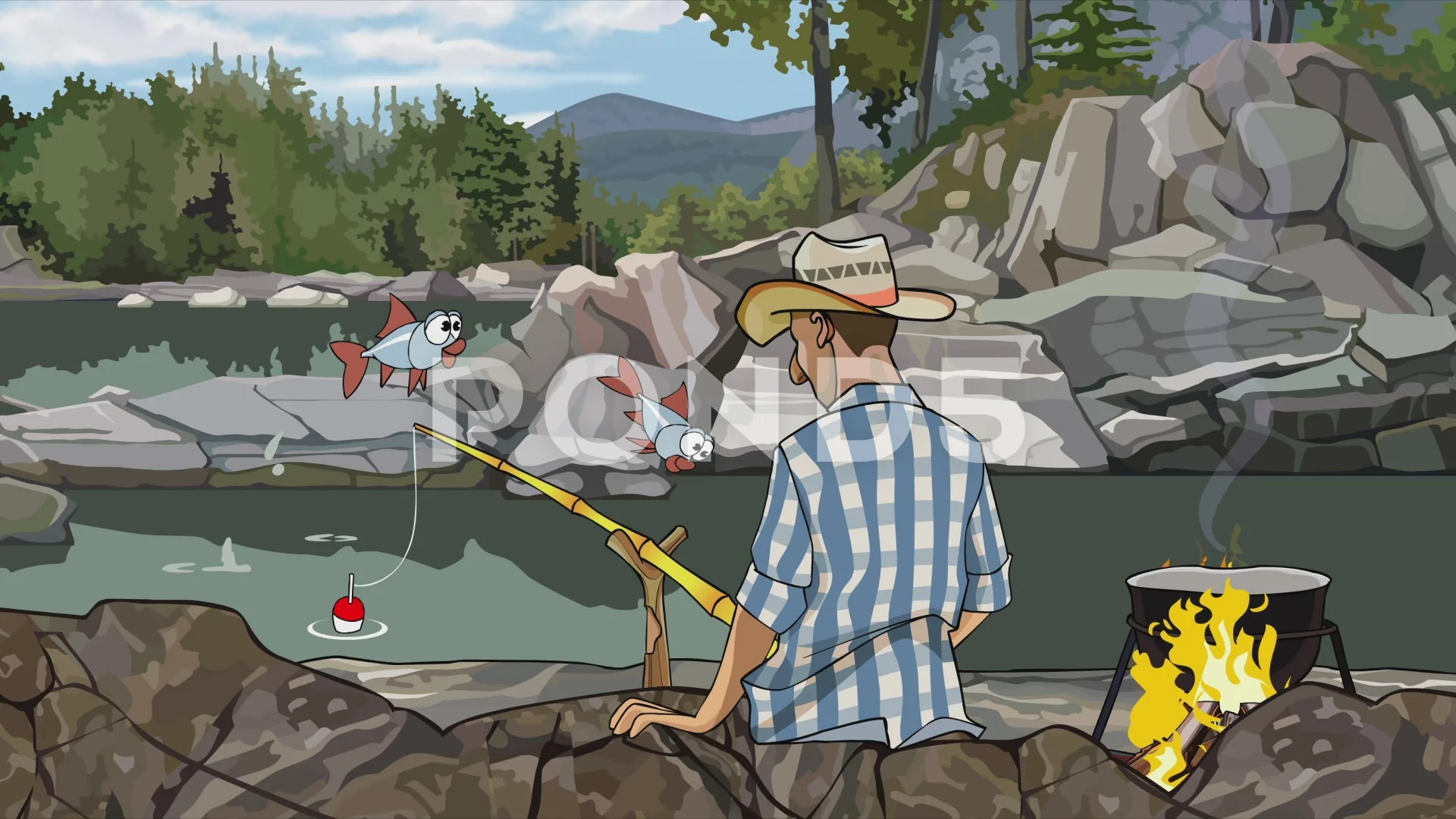 cartoon man fishing by the river, Stock Video