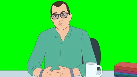 Cartoon man with glasses talking at desk on green screen Stock Footage 321551418