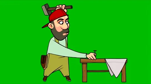 Cartoon man hammering a nail into the table on a green background 動画素材 196552420