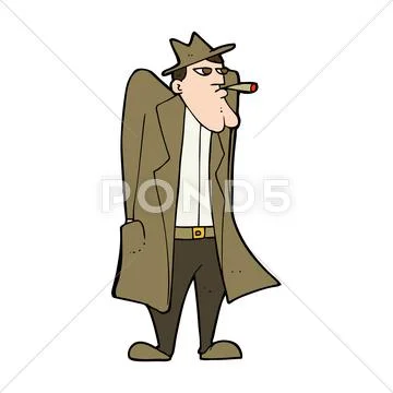Cartoon man in hat and trench coat Stock Illustration