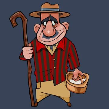 Cartoon man in hat with empty basket and staff in hand Stock Illustration