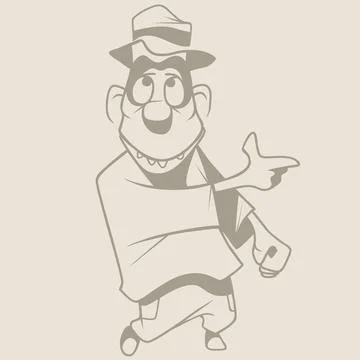 Cartoon man in hat smiling points finger to the side Stock Illustration
