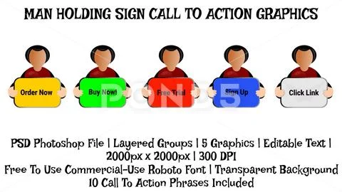 Cartoon Man Holding Sign Call To Action Icon, Video Graphic, Layer Style Modello PSD