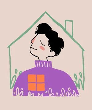 Cartoon man inside house with window Stock Illustration