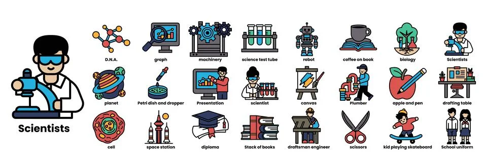 Cartoon of a man in a lab coat with a microscope and a book Stockillustratie