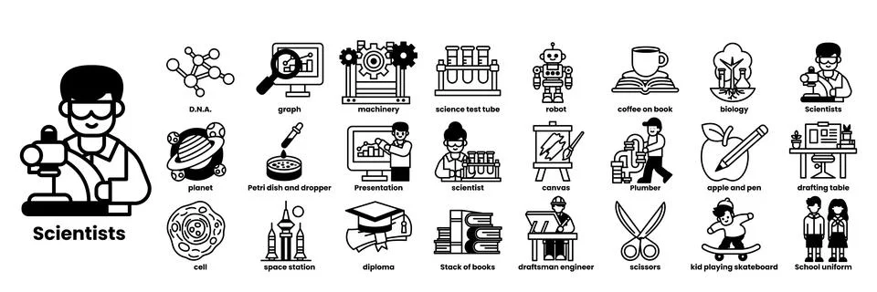 Cartoon of a man in a lab coat with a microscope and a book Stock Illustration