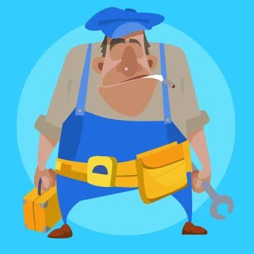 Cartoon man in locksmith uniform with tools Stock Illustration