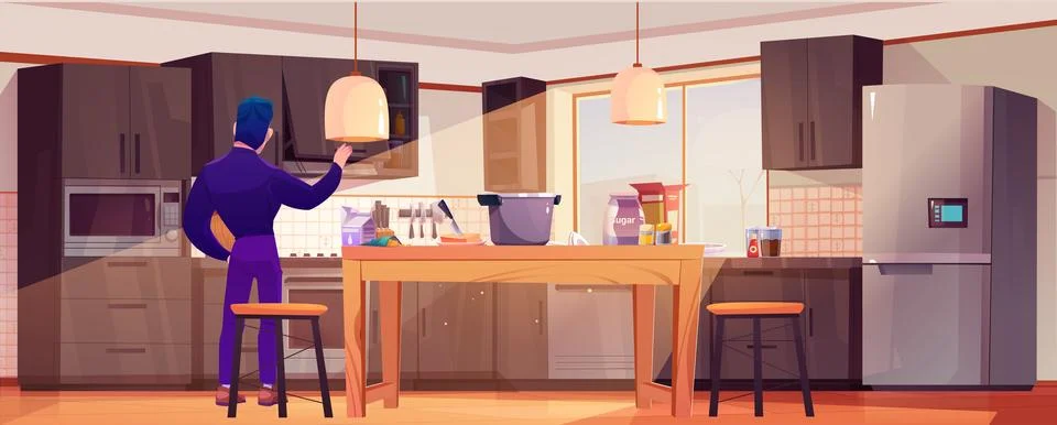 Cartoon man looking inside kitchen cabinet Stock Illustration