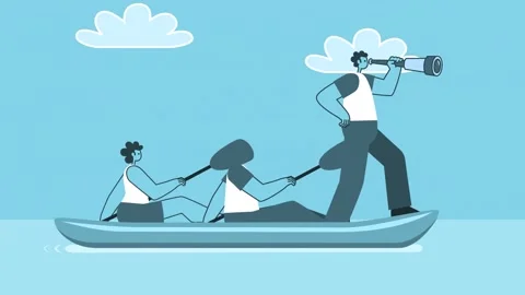 Cartoon Man looking through a telescope and his team rowing oars. Teamwork 스톡 동영상 167015148