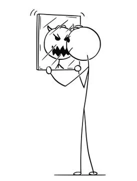 Cartoon of Man Looking at Yourself in Mirror and Seeing Monster or Devil Ilustração Stock