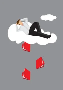Cartoon Man Lying on Cloud with Document File Leaking Out Vector Illustration Stock Illustration