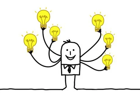 Cartoon Man with Multi Light bulbs Stock Illustration