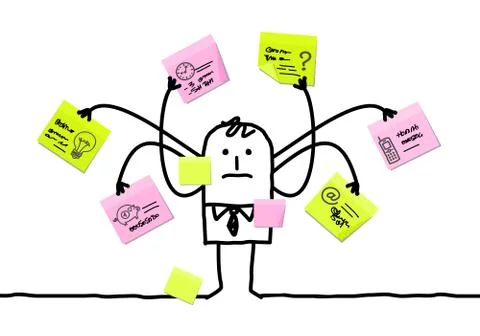 Cartoon Man Multitasking with Sticky Notes Ilustração Stock