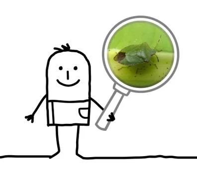 Cartoon man observing a bug with a magnifying glass 스톡 일러스트