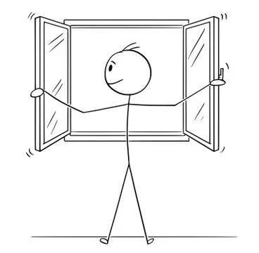 Cartoon of Man Opening Window Illustrazione stock
