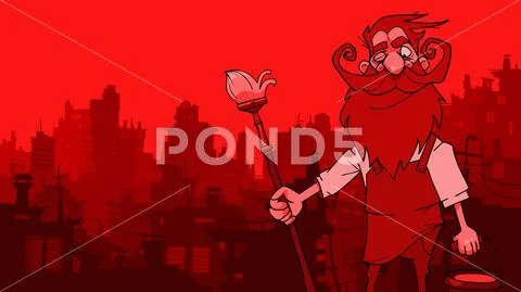 Cartoon man painter on a red city background Stock Illustration