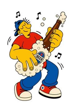 Cartoon Man Playing Beer Bottle Guitar Stock Illustration